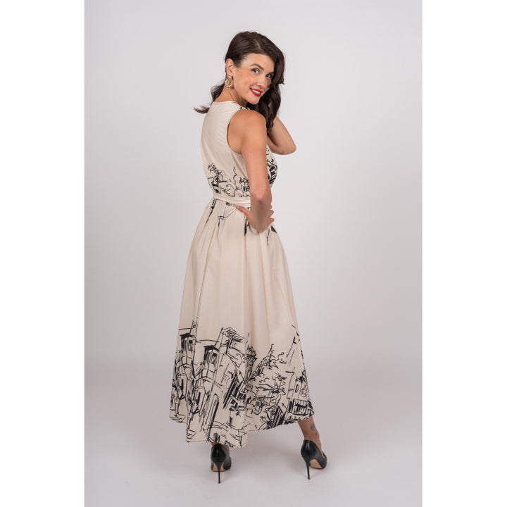 Julietta Sleeveless Wrap Dress With City Scene & Belt