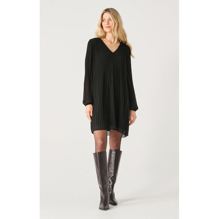 Black Tape Long Sleeve Pleated A-Line Dress