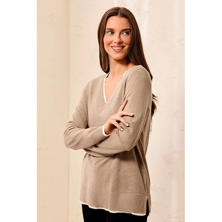 Tribal Long Sleeve V Neck Sweater with Tiping