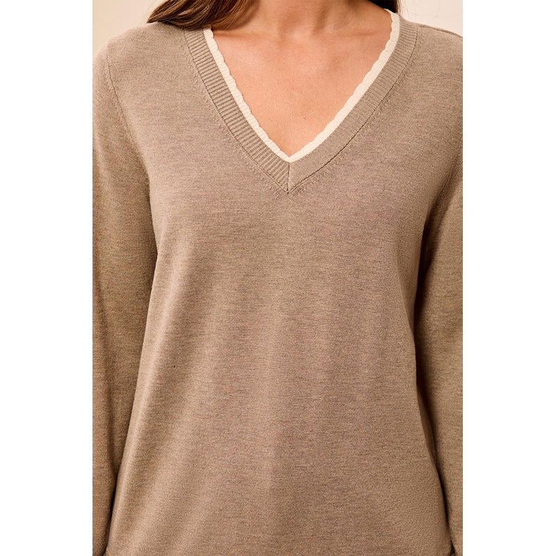 Tribal Long Sleeve V Neck Sweater with Tiping