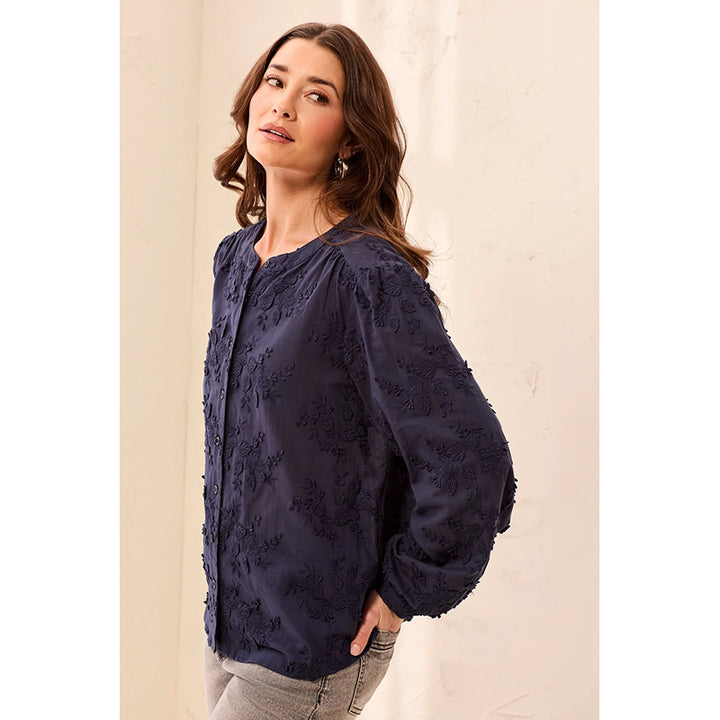 Tribal Floral Appliqué Long Sleeve Round Collar Blouse