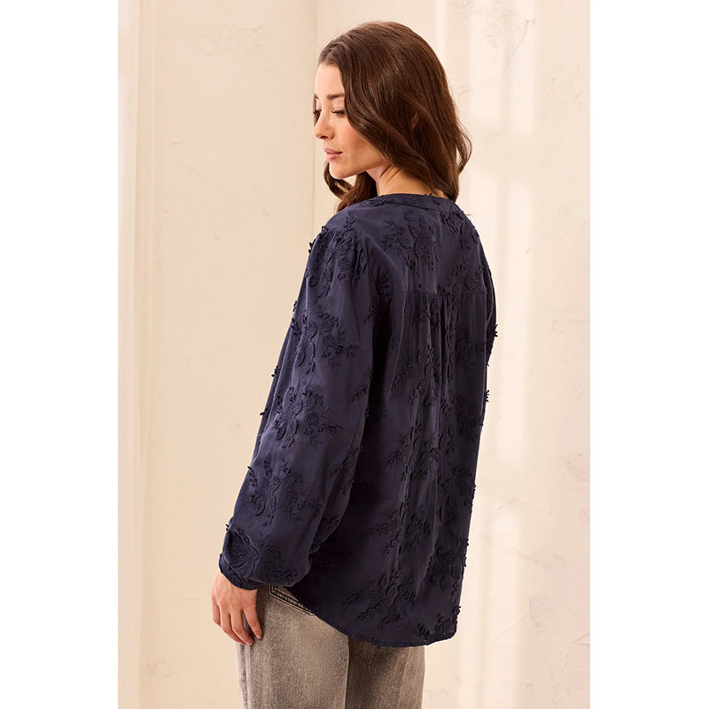 Tribal Floral Appliqué Long Sleeve Round Collar Blouse