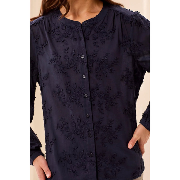 Tribal Floral Appliqué Long Sleeve Round Collar Blouse