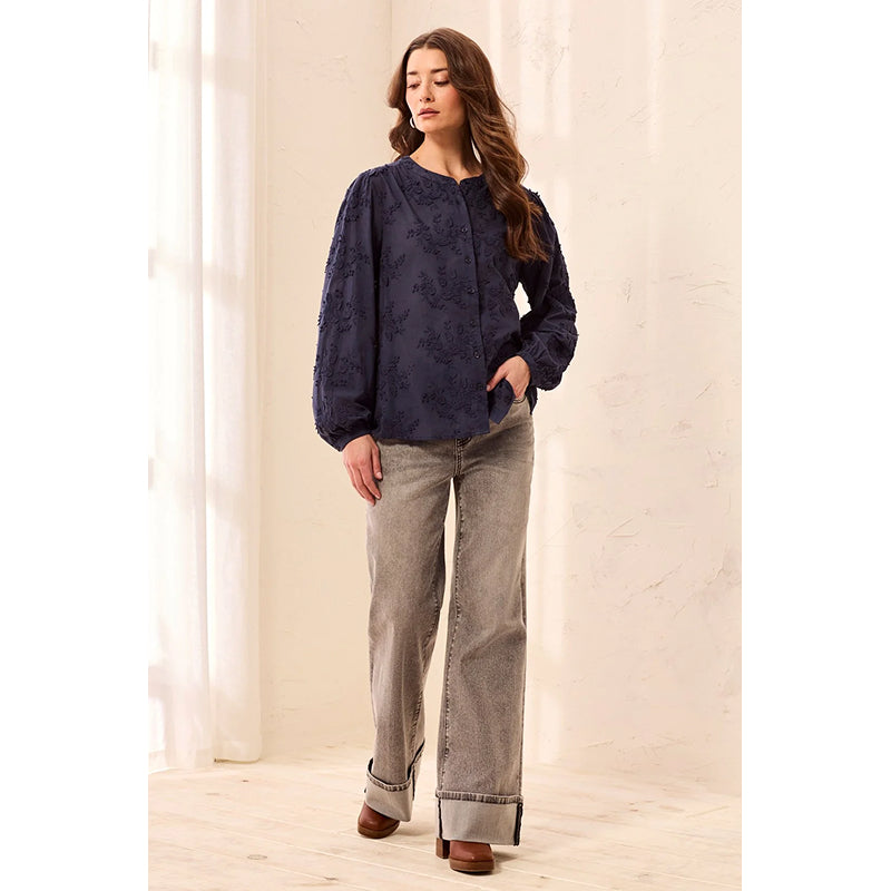 Tribal Floral Appliqué Long Sleeve Round Collar Blouse