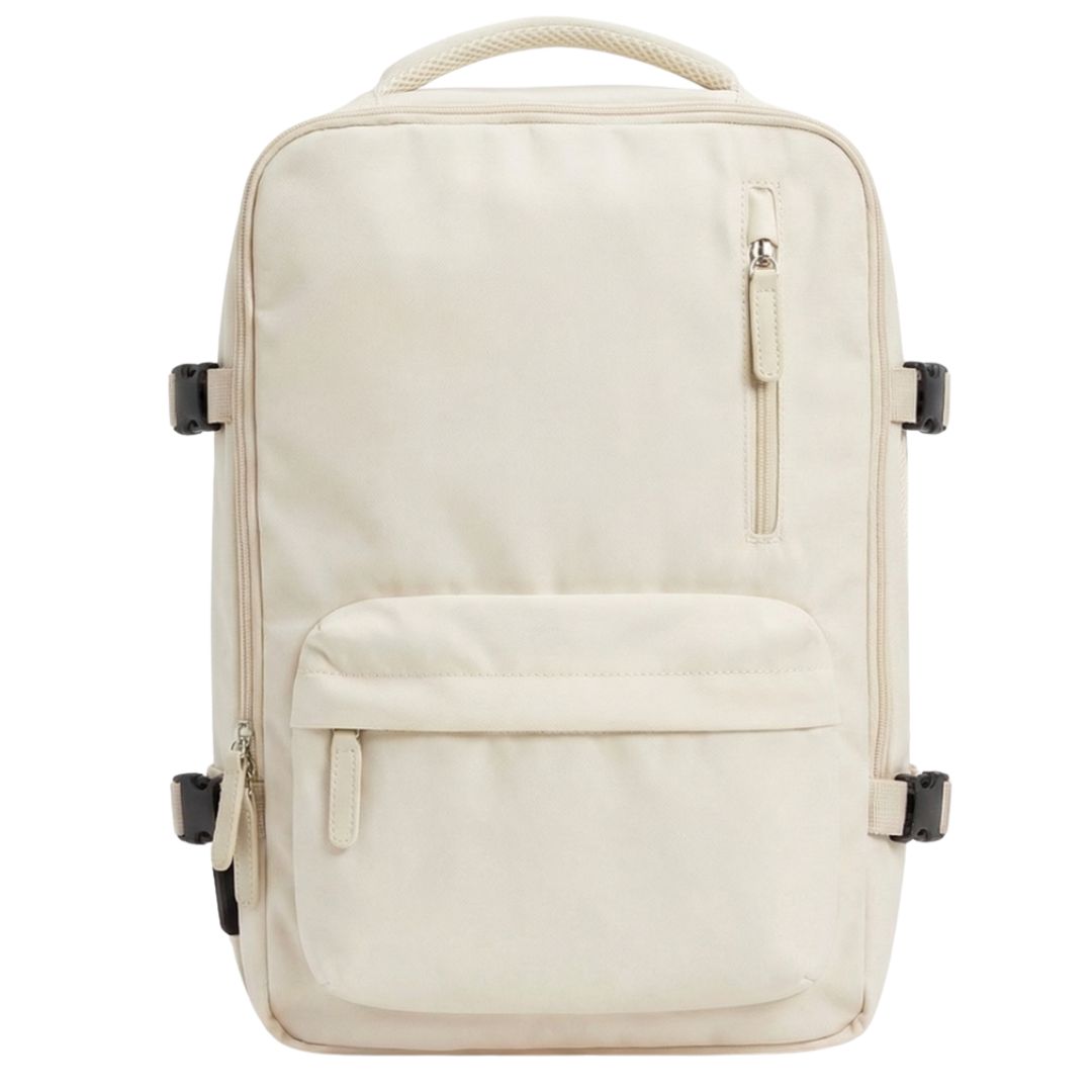 Beige backpack with multiple pockets and zippers on a white background