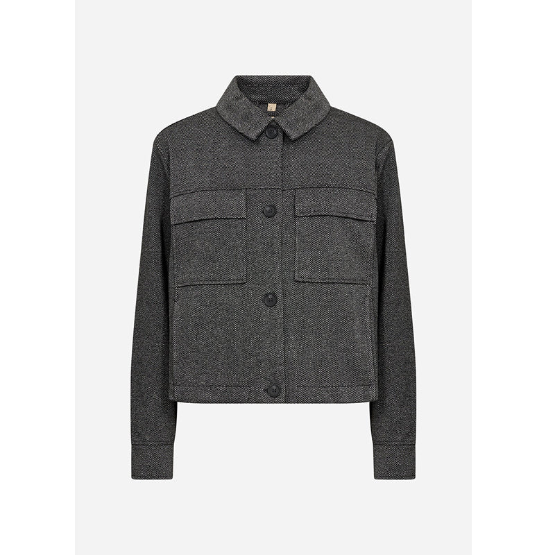 A dark gray textured jacket with a pointed collar, button front, and two large flap chest pockets, shown on a plain light gray background.