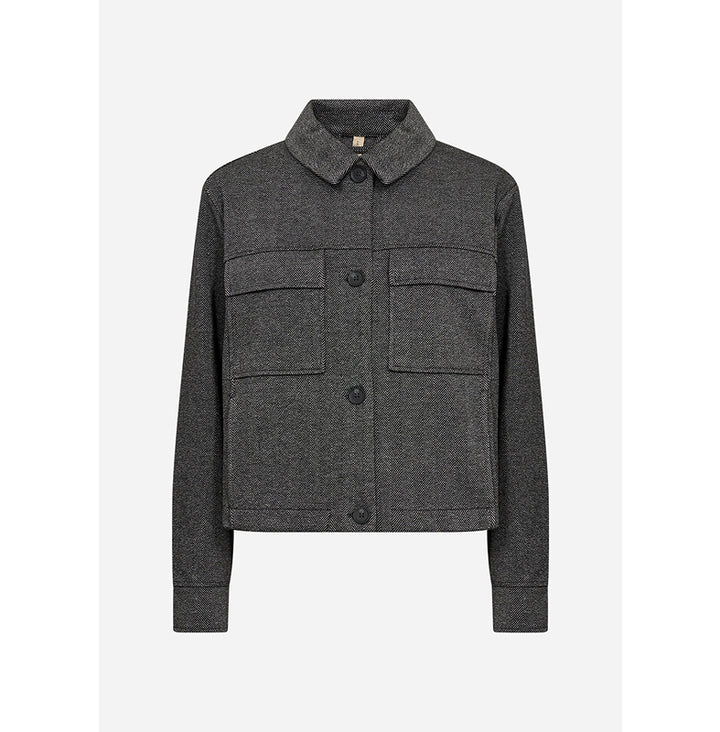 A dark gray textured jacket with a pointed collar, button front, and two large flap chest pockets, shown on a plain light gray background.