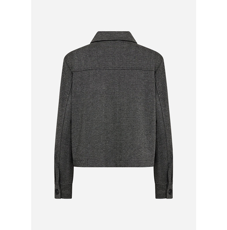A dark gray textured jacket shown from the back, featuring a collar and long sleeves, set against a light gray background.