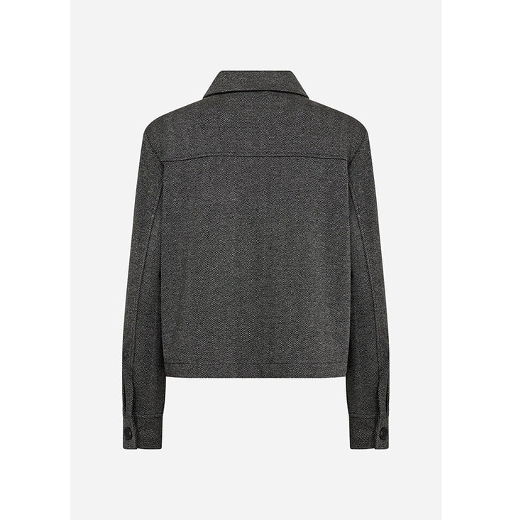 A dark gray textured jacket shown from the back, featuring a collar and long sleeves, set against a light gray background.
