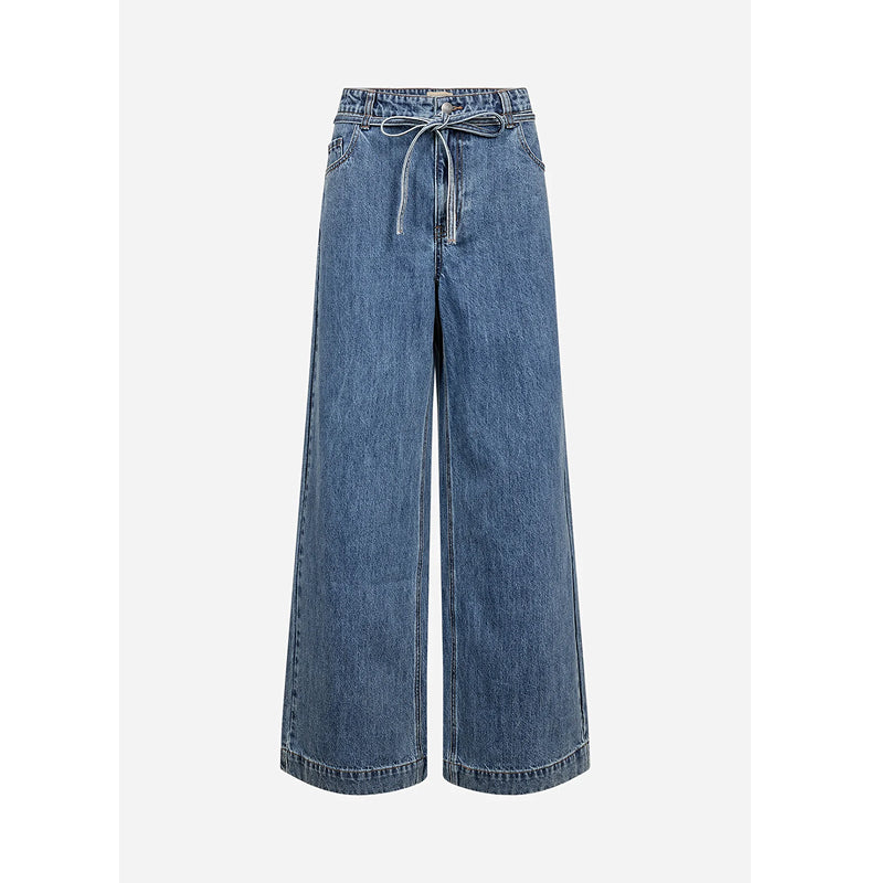 A pair of wide-leg blue denim jeans with a drawstring waistband, shown against a light gray background.