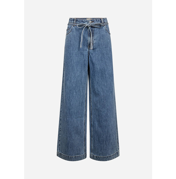 A pair of wide-leg blue denim jeans with a drawstring waistband, shown against a light gray background.