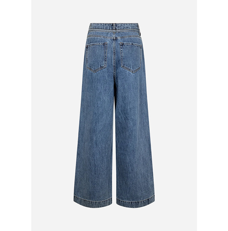 A pair of wide-leg blue denim jeans shown from the back, featuring a high waist, belt loops, and two back pockets, set against a plain light gray background.