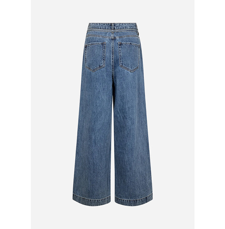 A pair of wide-leg blue denim jeans shown from the back, featuring a high waist, belt loops, and two back pockets, set against a plain light gray background.