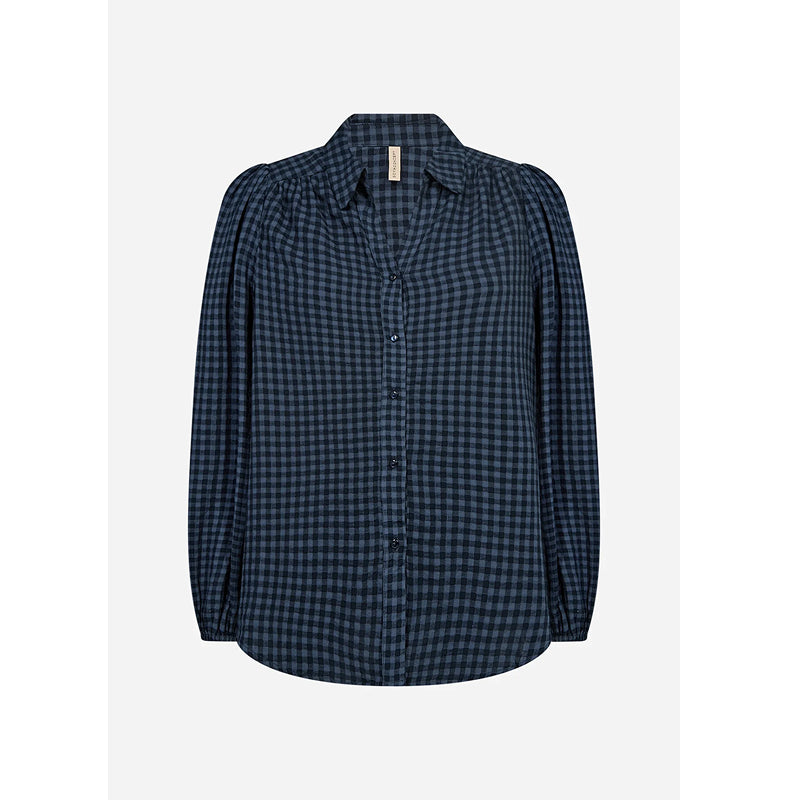 A women's long-sleeve button-up shirt in a dark navy and black gingham check pattern, shown against a light gray background.