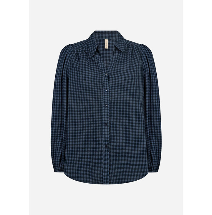 A women's long-sleeve button-up shirt in a dark navy and black gingham check pattern, shown against a light gray background.