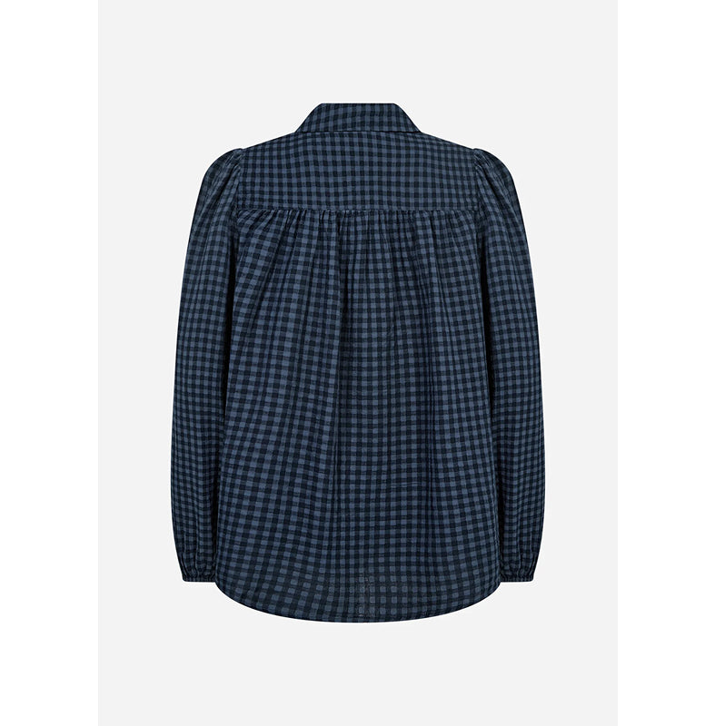 A long-sleeve button-up shirt with a dark navy and black gingham check pattern, shown from the back against a light gray background.