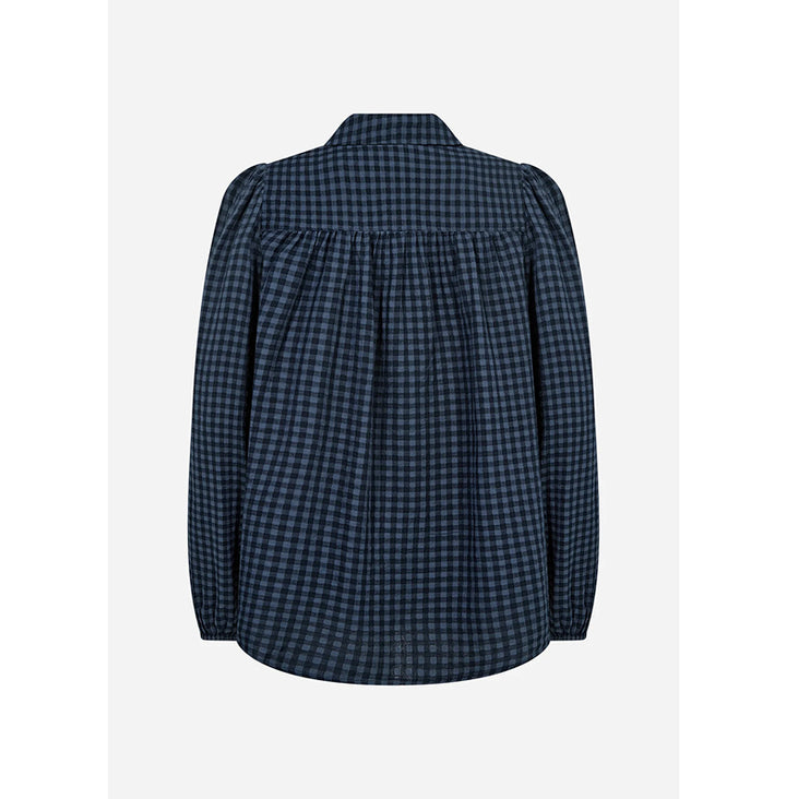 A long-sleeve button-up shirt with a dark navy and black gingham check pattern, shown from the back against a light gray background.