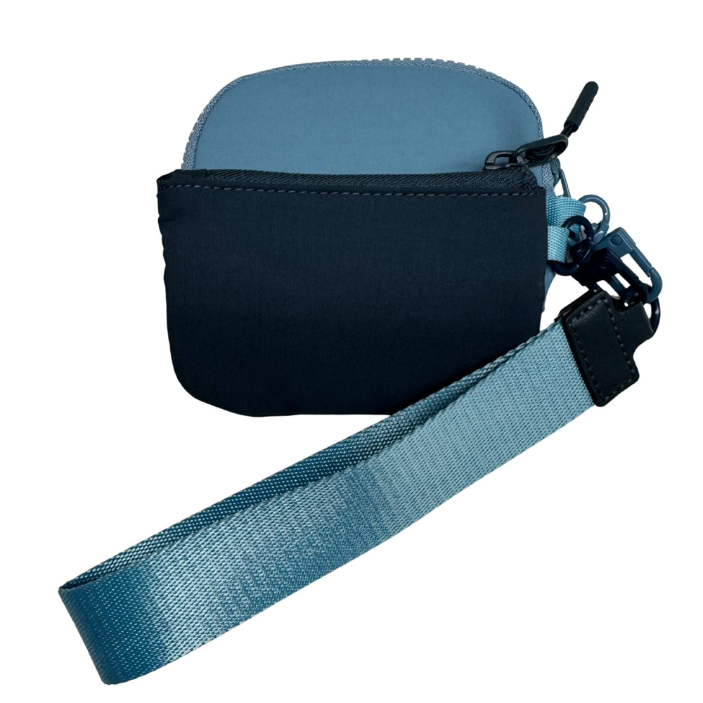 Blue pouch with a strap on a white background