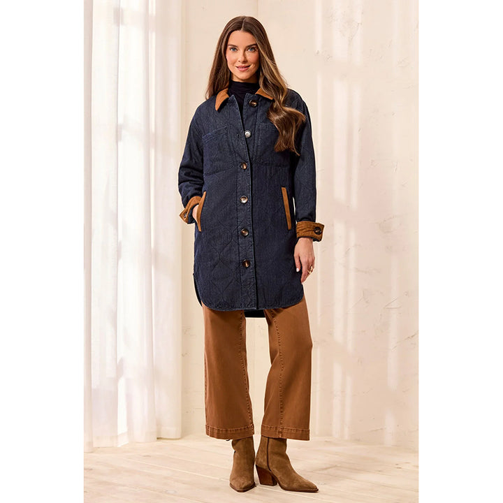 Tribal Quilted Denim Suede Trim Button Front Jacket