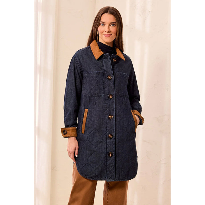 Tribal Quilted Denim Suede Trim Button Front Jacket