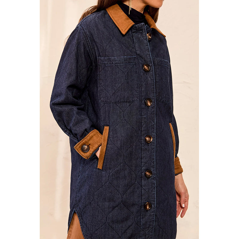 Tribal Quilted Denim Suede Trim Button Front Jacket