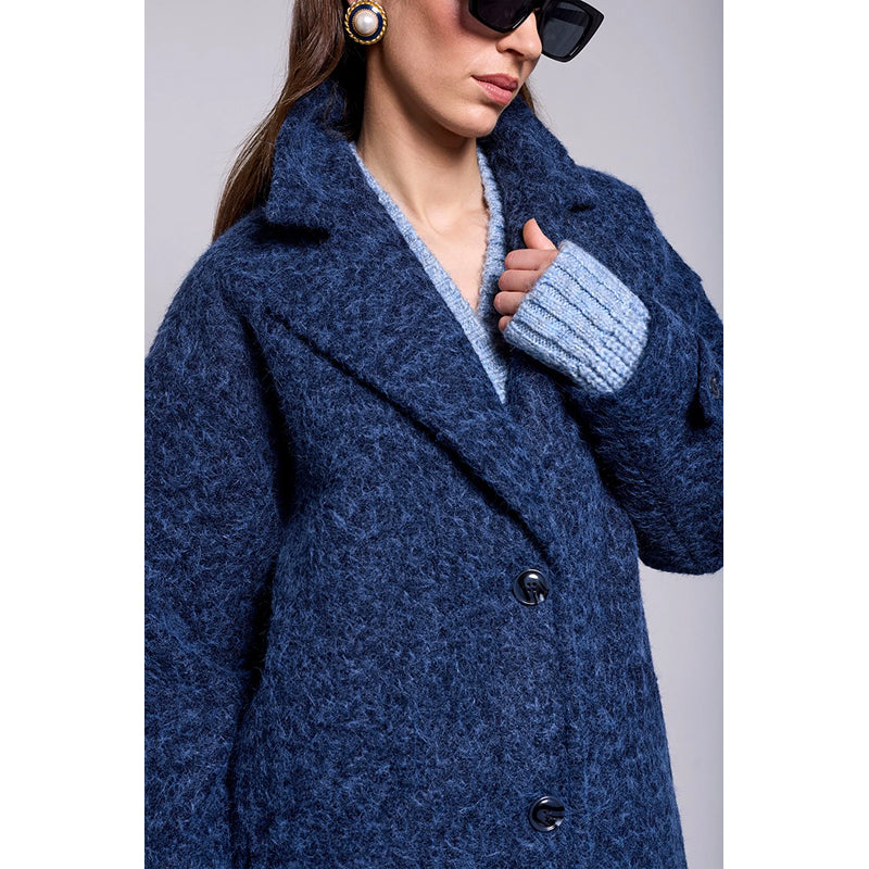 Tribal Blue Thread Cozy Cocoon Drop Shoulder Collared Coat