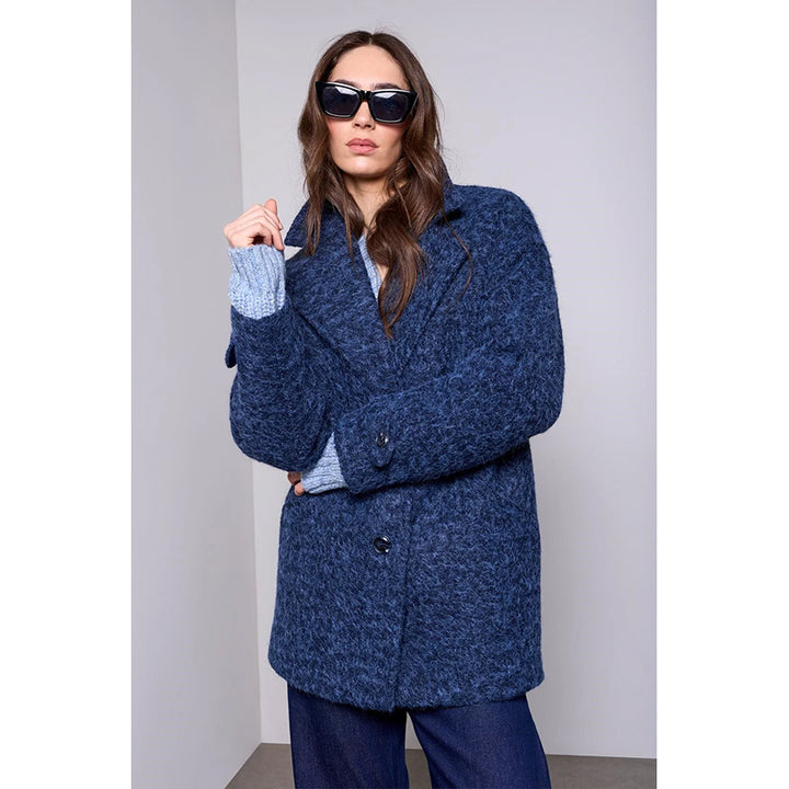 Tribal Blue Thread Cozy Cocoon Drop Shoulder Collared Coat