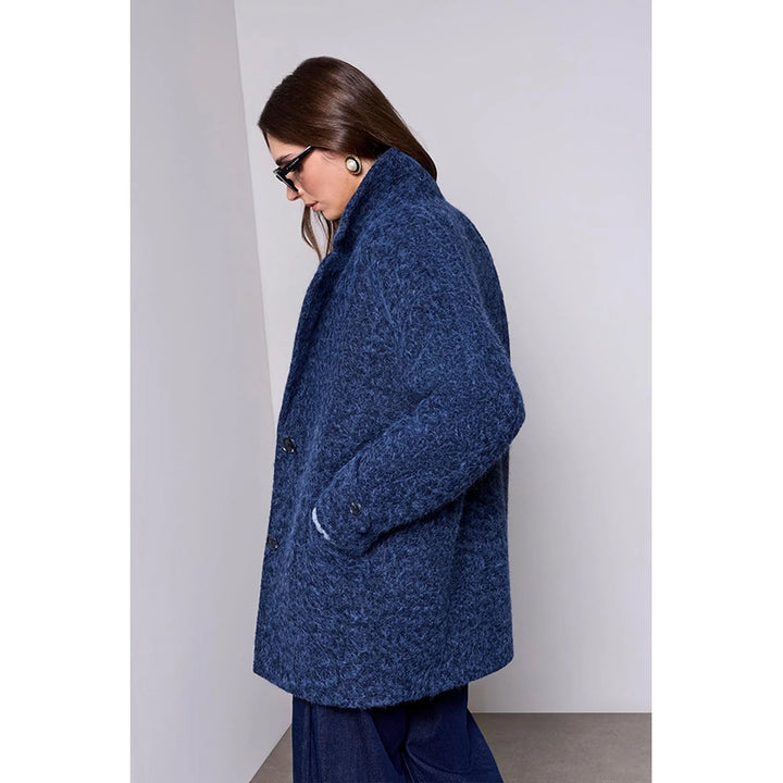 Tribal Blue Thread Cozy Cocoon Drop Shoulder Collared Coat