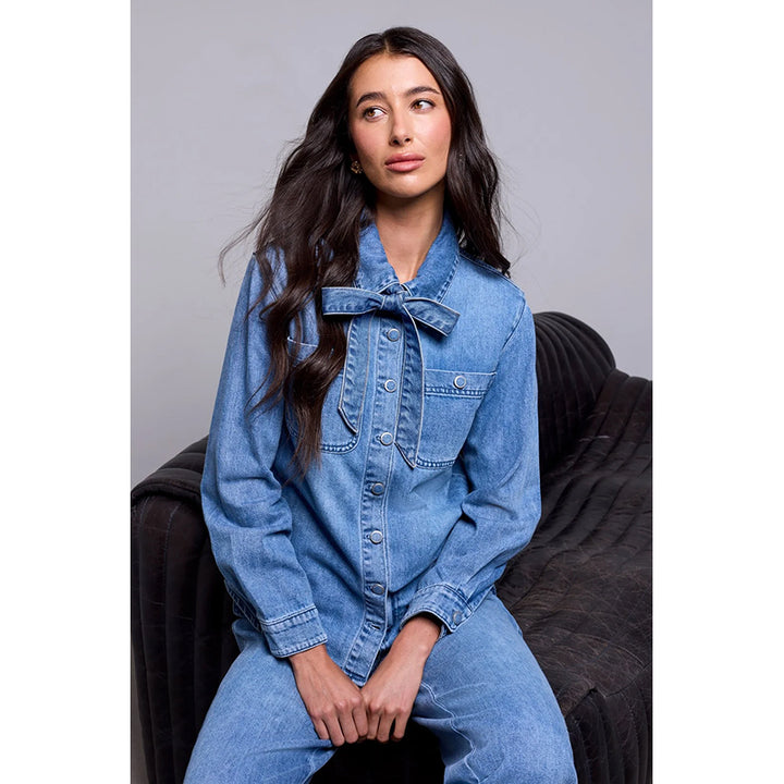 Tribal Denim Blouse with Removable Self Tie
