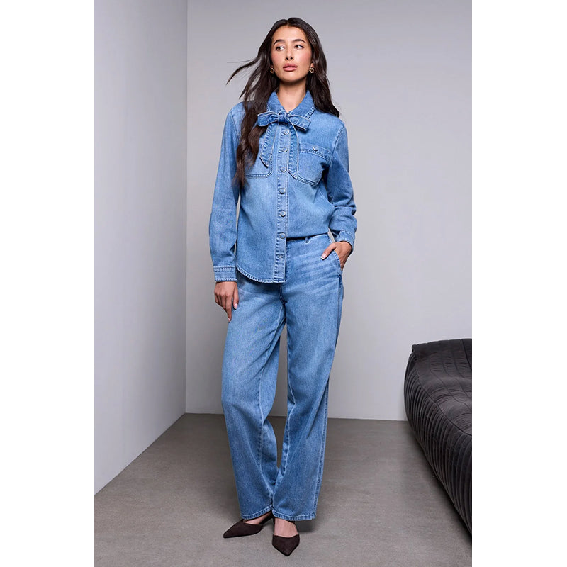 Tribal Denim Blouse with Removable Self Tie