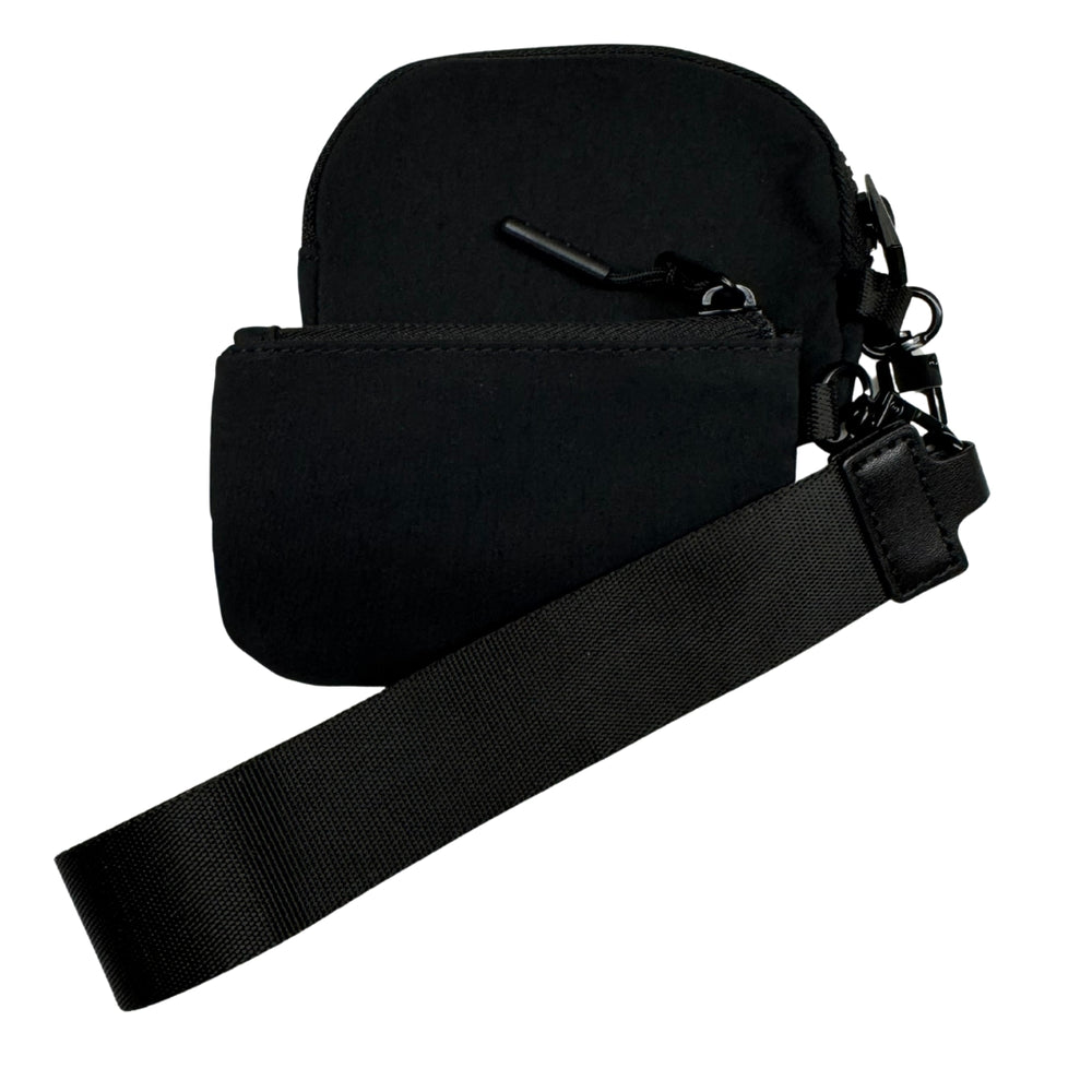 Black crossbody bag with a strap on a white background