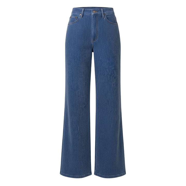 A pair of high-waisted, wide-leg blue denim jeans shown flat against a solid white background.