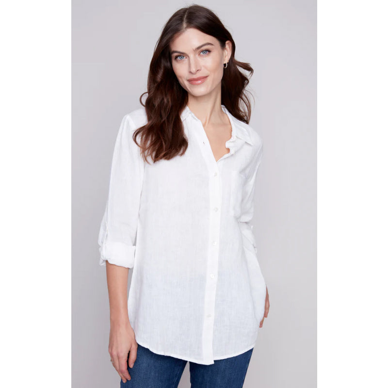 Charlie B Long Linen Shirt with Patch Pockets