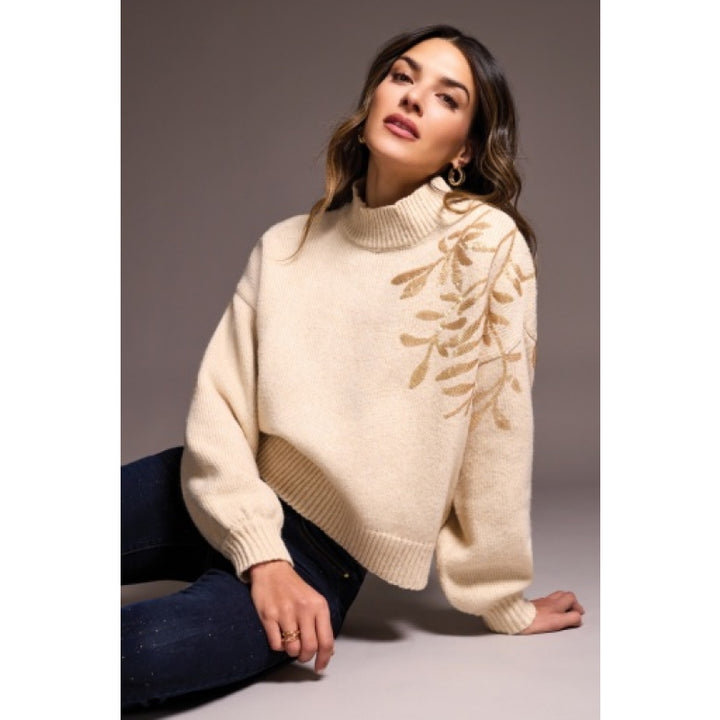 Tribal Long Sleeve Mock Neck Sweater With Sequins