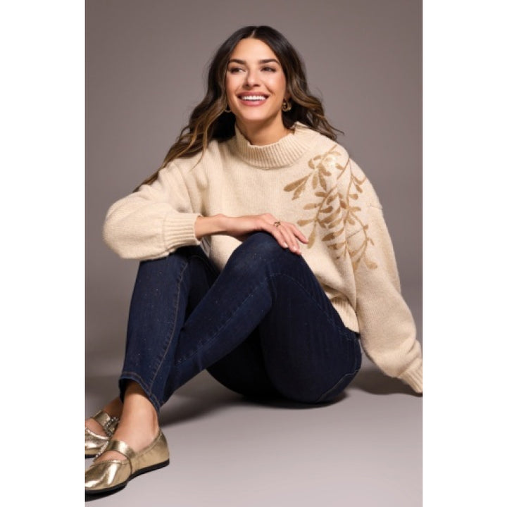 Tribal Long Sleeve Mock Neck Sweater With Sequins