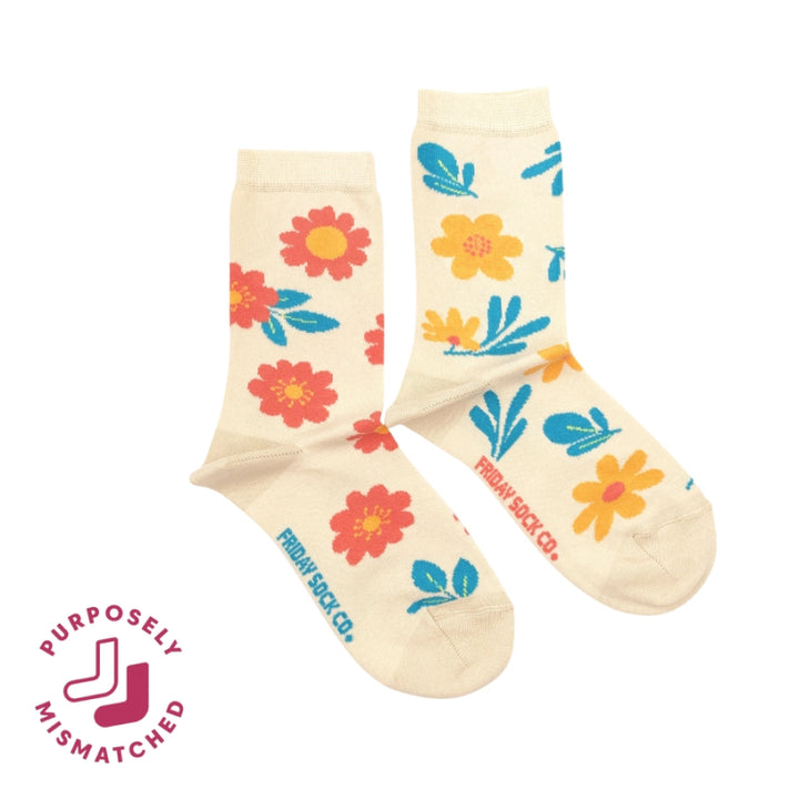 Friday Sock Co. Women's Fun Flower Mismatched Crew Socks