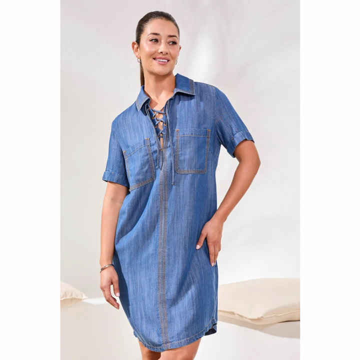 Tribal Popover Shirt Dress With Lace Up Detail