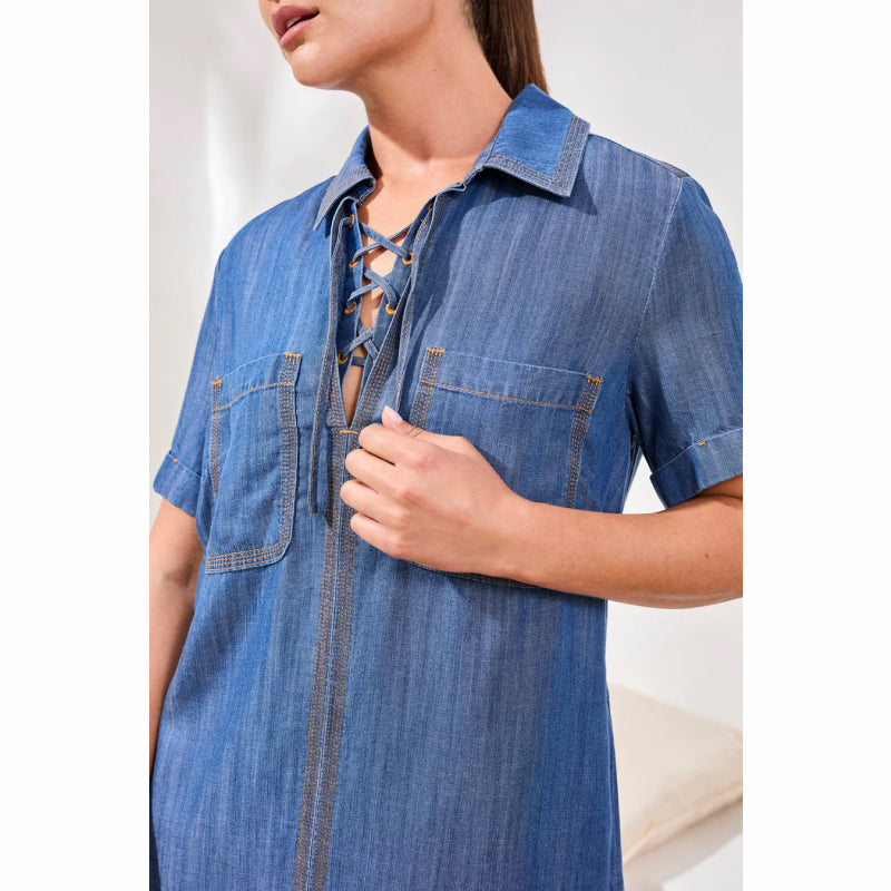 Tribal Popover Shirt Dress With Lace Up Detail
