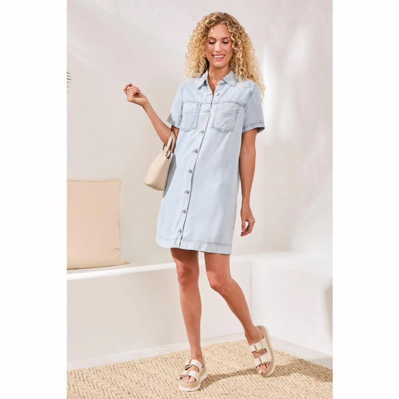 Tribal Button Front Tencel Denim Shift Dress