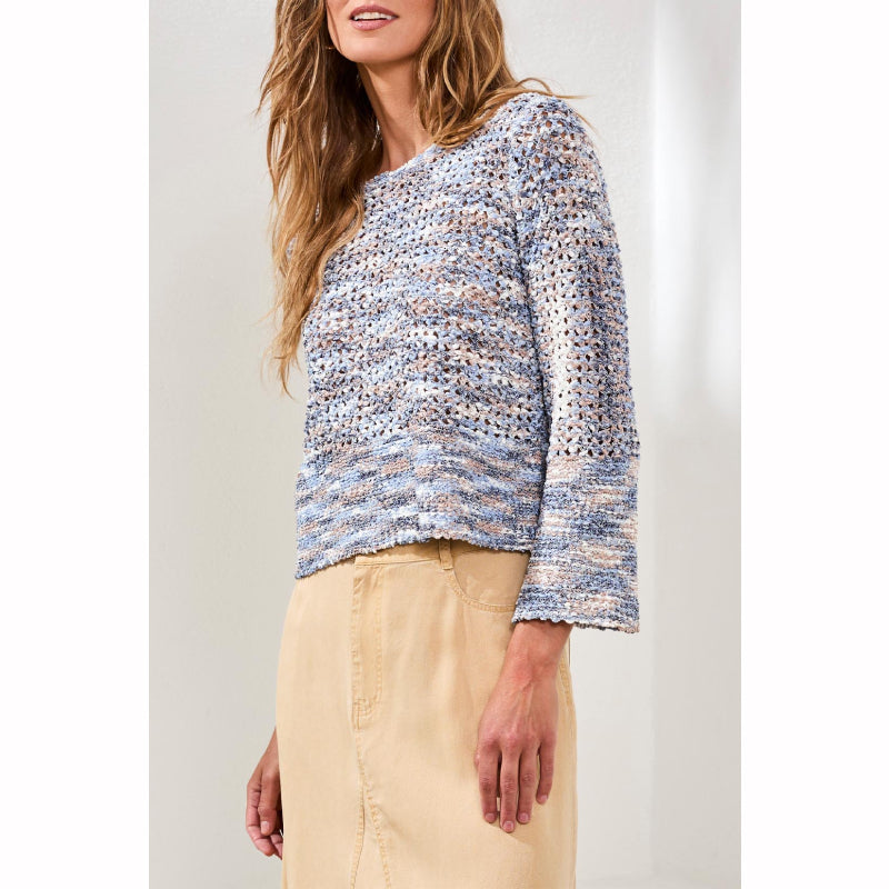 Tribal Bell Sleeve Open Stitch Crew Neck Sweater