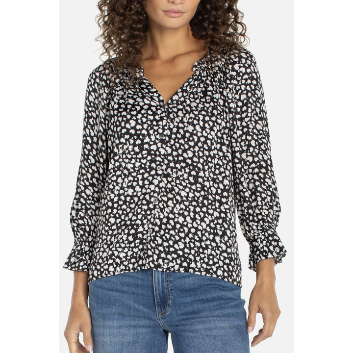 Liverpool 3/4 Sleeve Button Front Top with Ruffle Details