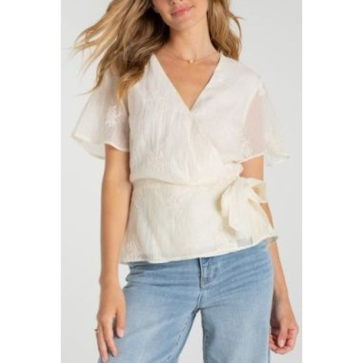 Liverpool Short Sleeve Wrap Front Woven Top with Tie
