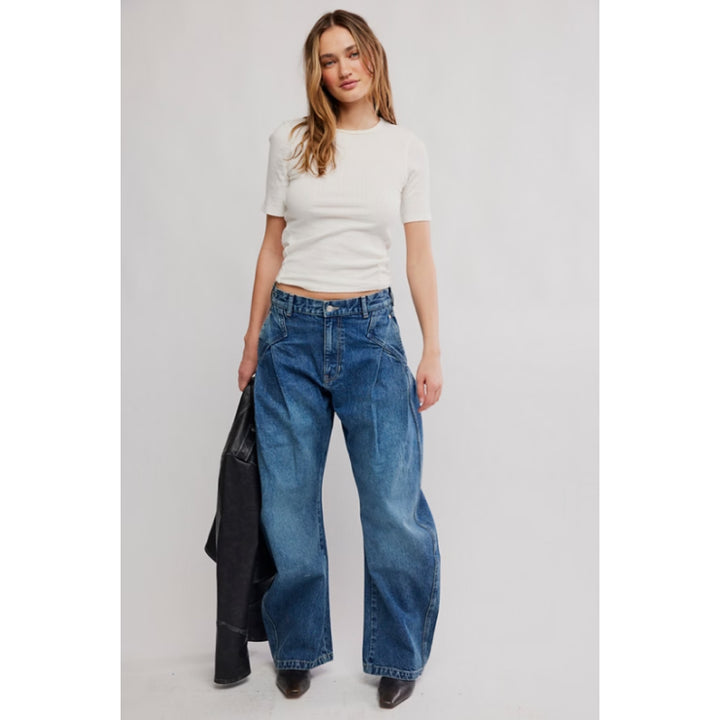 Pantalon taille basse Golden Hour de Free People, couleur Deacon Blue