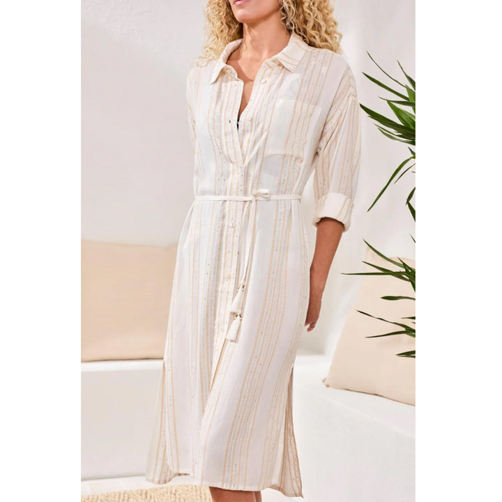 Tribal Lurex Jacquard Button-Front Cover-Up Dress with Roll-Up Sleeves