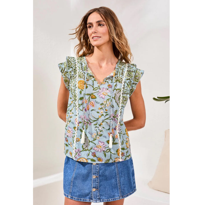 Tribal Poplin Novelty Blouse with Frill Cap Sleeves