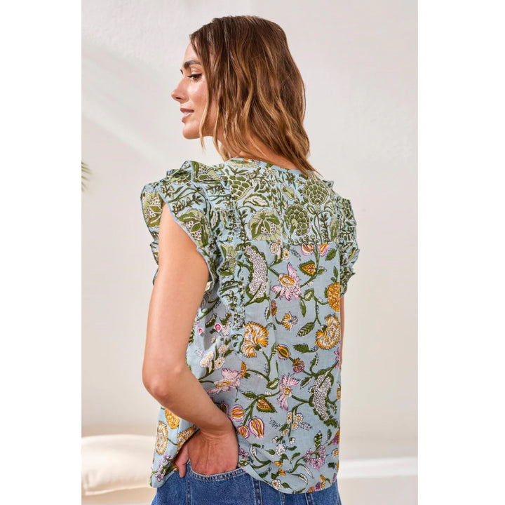 Tribal Poplin Novelty Blouse with Frill Cap Sleeves