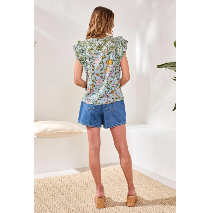 Tribal Poplin Novelty Blouse with Frill Cap Sleeves