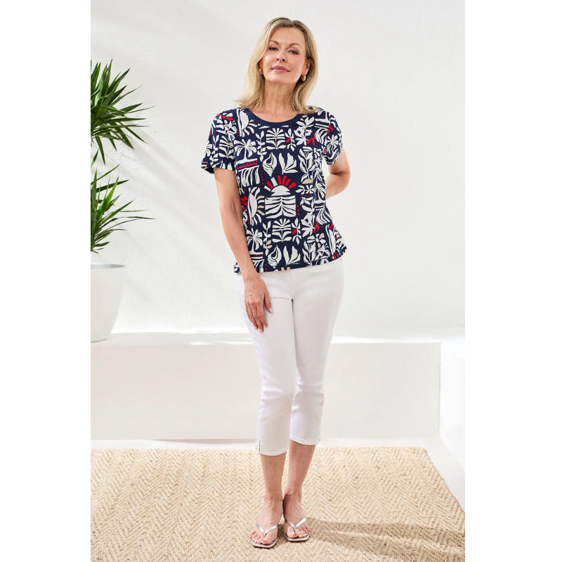 Tribal Printed Slub Knit Crew Neck Top