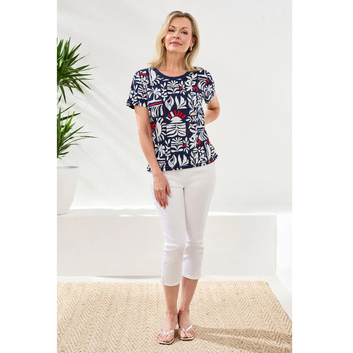 Tribal Printed Slub Knit Crew Neck Top