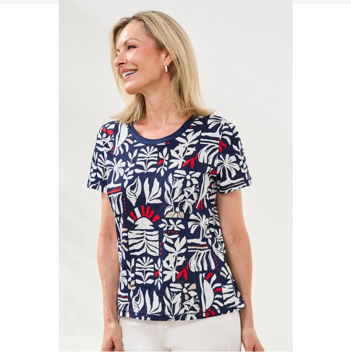 Tribal Printed Slub Knit Crew Neck Top